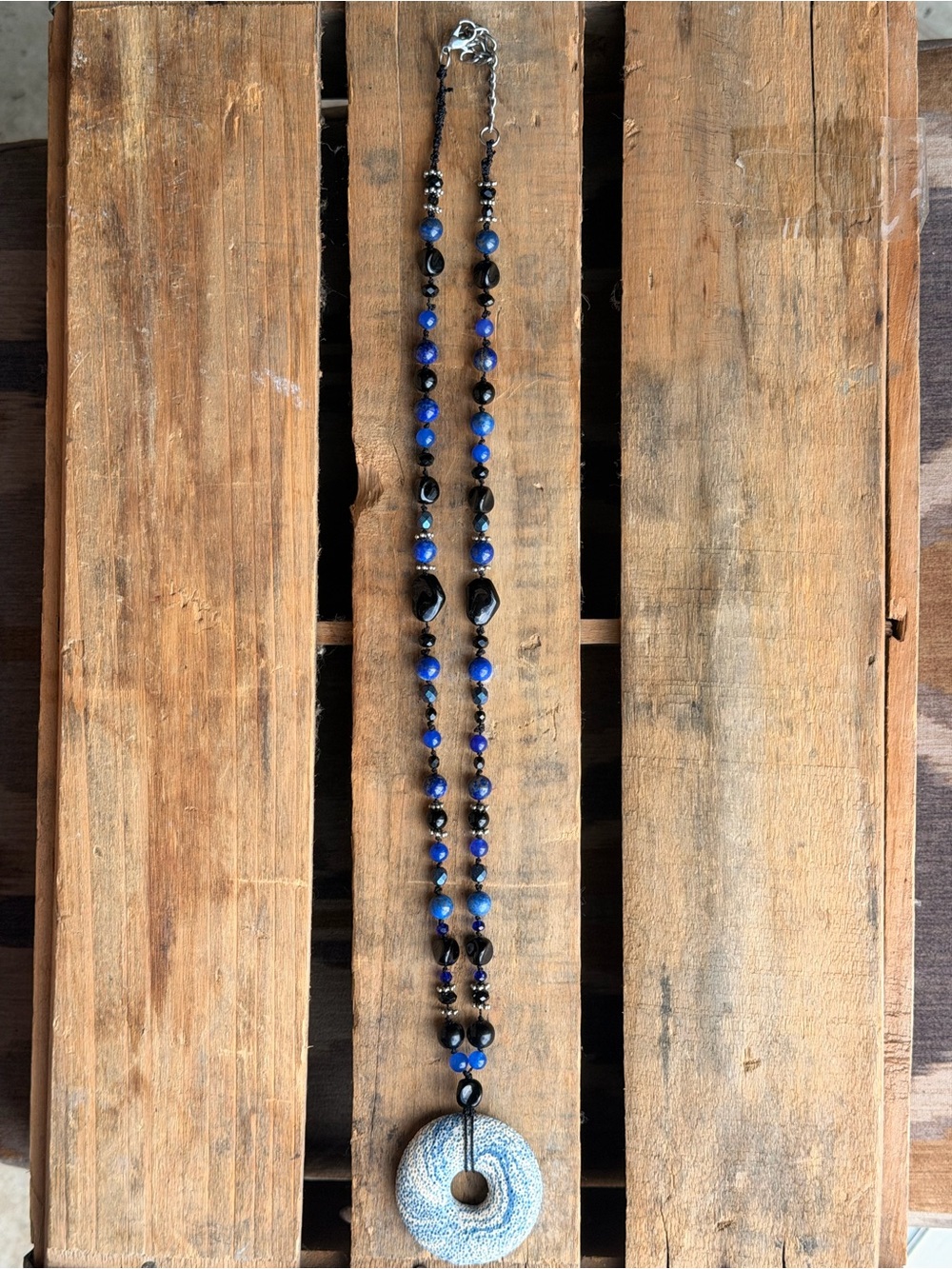 The Oracle- Handmade Blue and Black Beaded Oil Diffuser Necklace Lapis